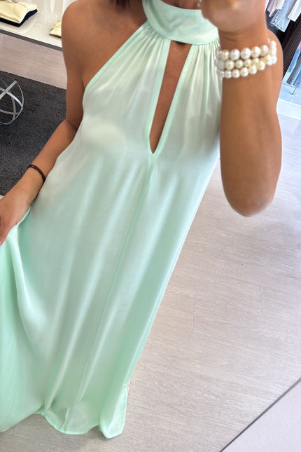Abito lungo in satin verde mela kk
