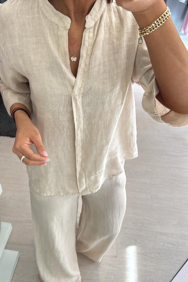Camicia coreana in lino sabbia sl
