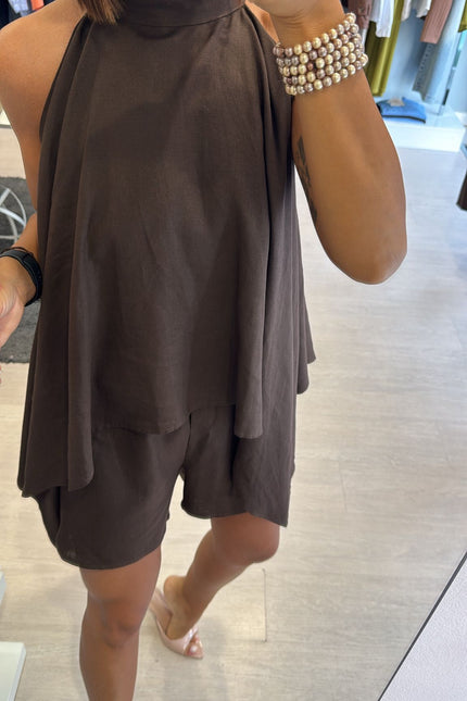 Camicia asimmetrica lino e viscosa cioccolato kk
