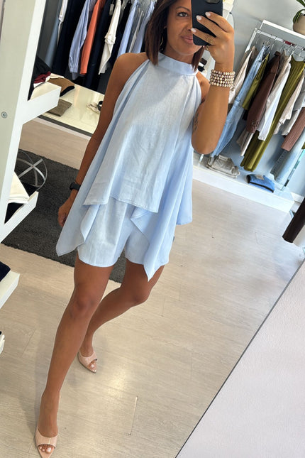 Camicia asimmetrica lino e viscosa celeste kk