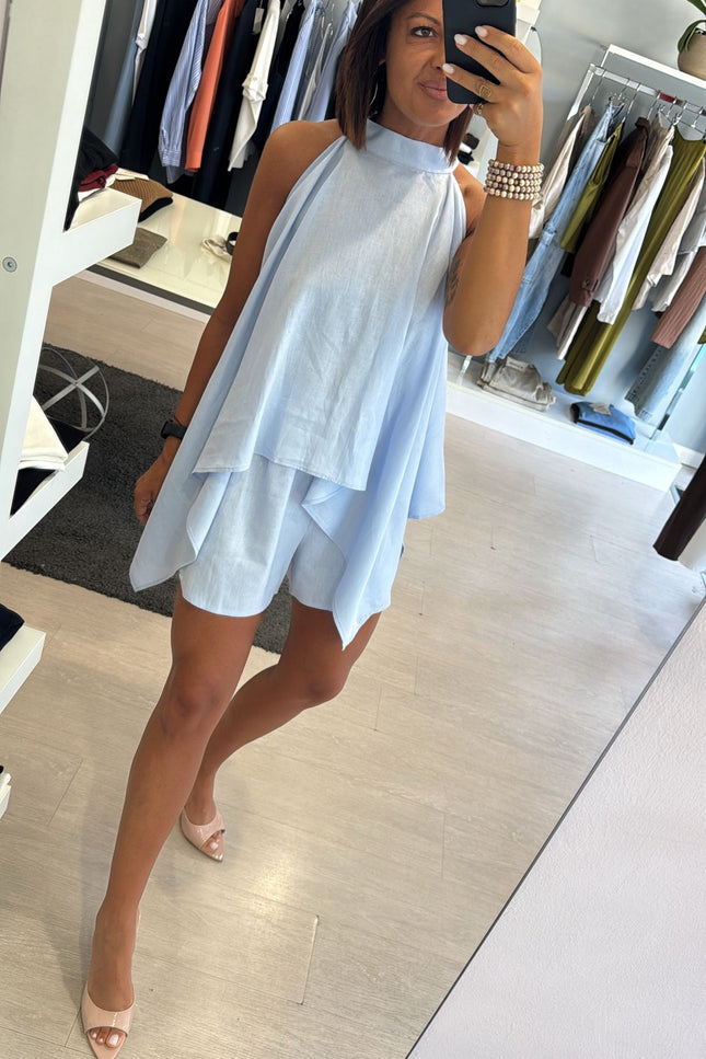 Camicia asimmetrica lino e viscosa celeste kk