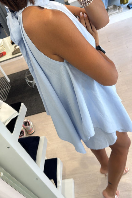 Camicia asimmetrica lino e viscosa celeste kk
