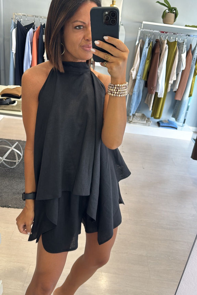 Camicia asimmetrica lino e viscosa nera kk
