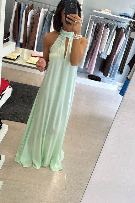 Abito lungo in satin verde mela kk