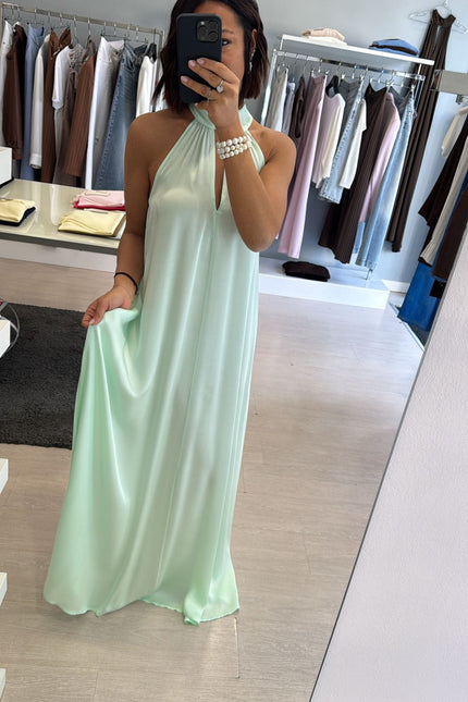 Abito lungo in satin verde mela kk
