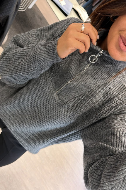 Maglia a coste mezza zip grigia kn