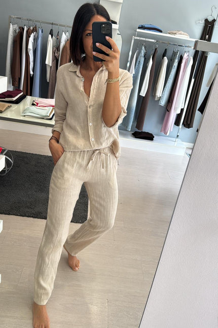 Pantalone slim in lino sabbia sl