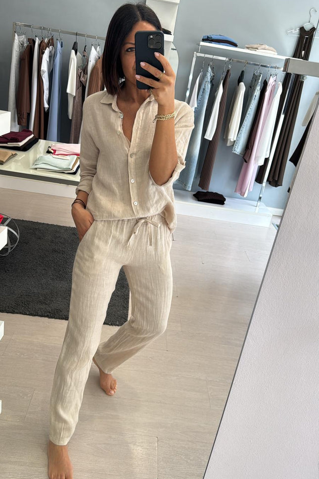 Pantalone slim in lino sabbia sl