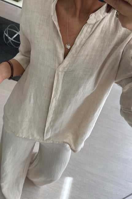 Camicia coreana in lino sabbia sl