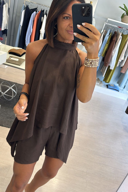 Camicia asimmetrica lino e viscosa cioccolato kk