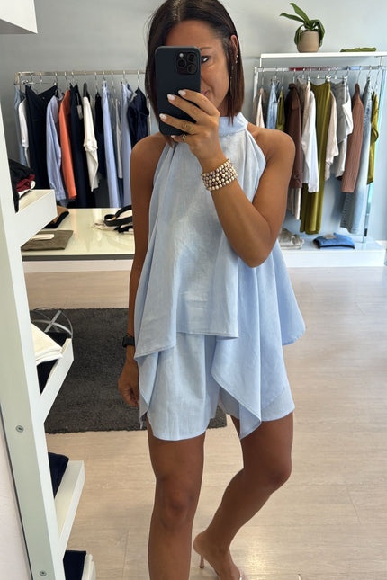 Camicia asimmetrica lino e viscosa celeste kk