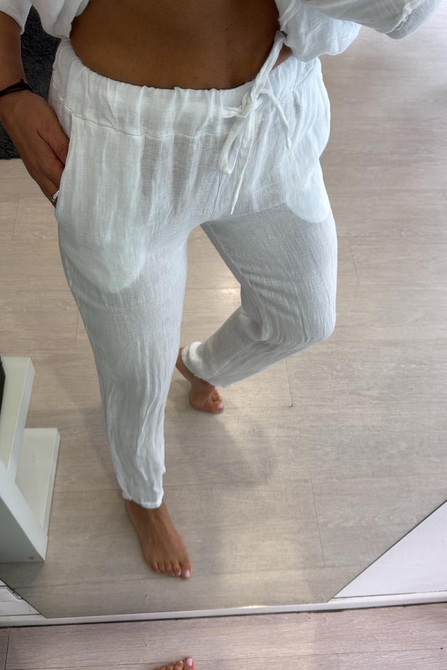 Pantalone slim in lino bianco sl