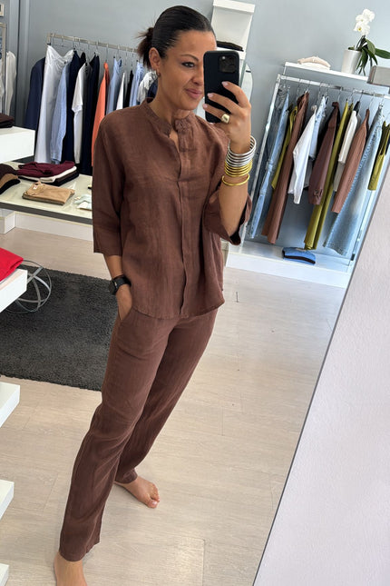 Pantalone slim in lino cioccolato sl