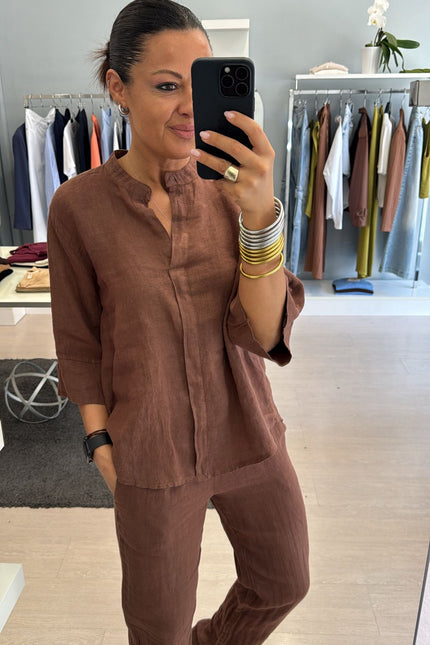 Camicia coreana in lino cioccolato sl