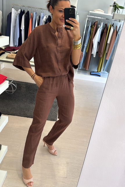 Pantalone slim in lino cioccolato sl