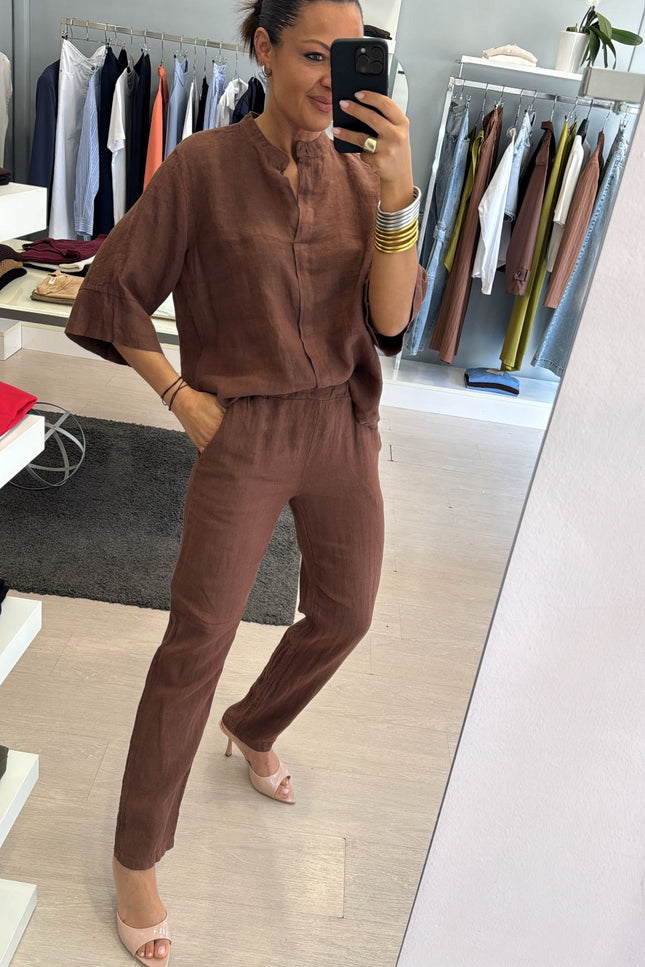 Pantalone slim in lino cioccolato sl