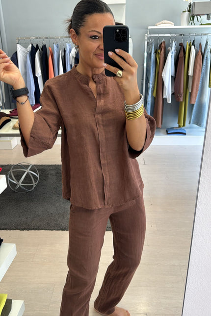 Camicia coreana in lino cioccolato sl