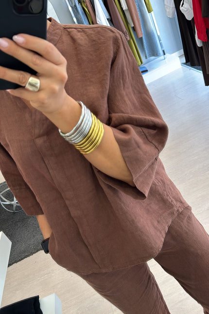 Camicia coreana in lino cioccolato sl