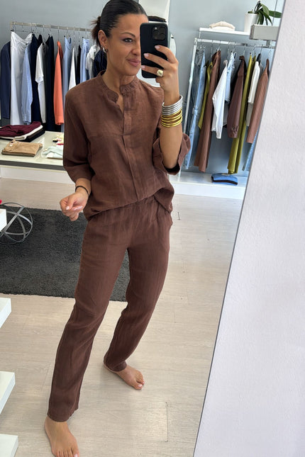 Camicia coreana in lino cioccolato sl