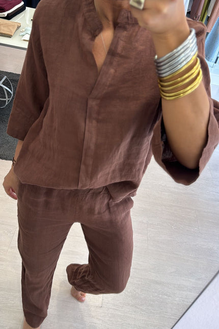 Camicia coreana in lino cioccolato sl