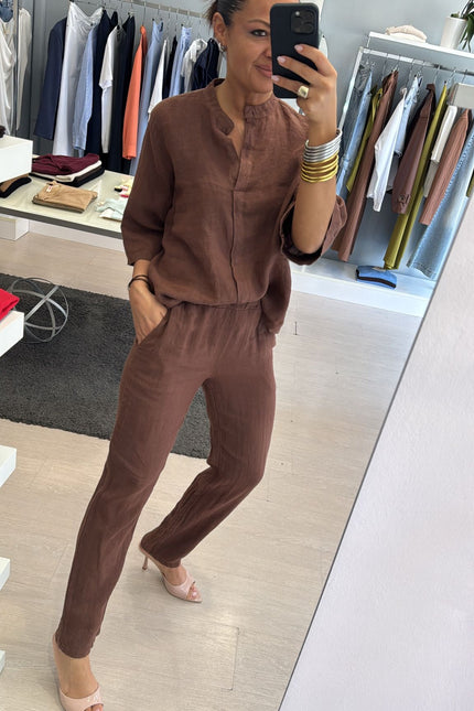 Camicia coreana in lino cioccolato sl