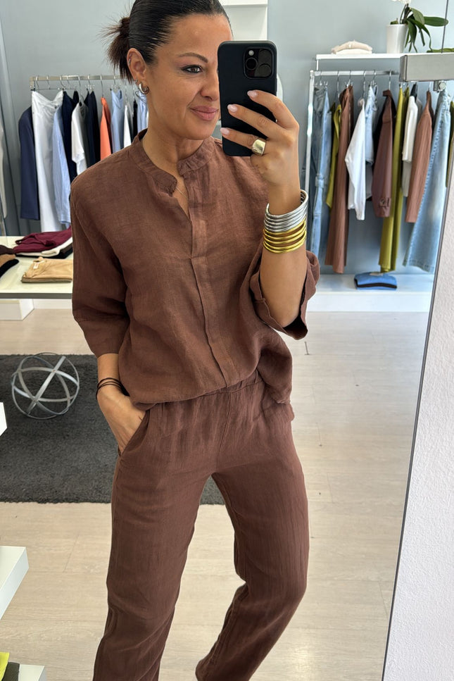 Camicia coreana in lino cioccolato sl