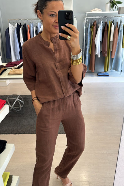 Pantalone slim in lino cioccolato sl