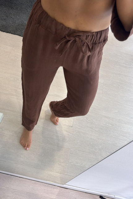 Pantalone slim in lino cioccolato sl