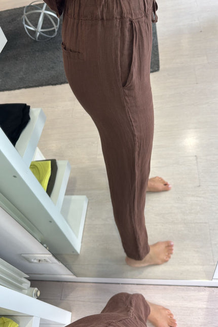 Pantalone slim in lino cioccolato sl