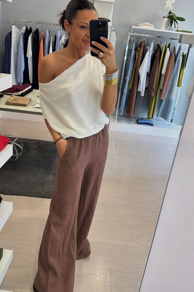 Pantalone dritto in lino cioccolato sl