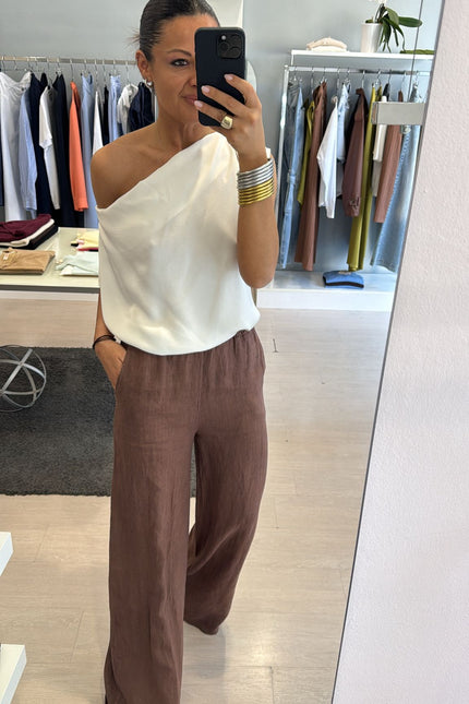 Pantalone dritto in lino cioccolato sl
