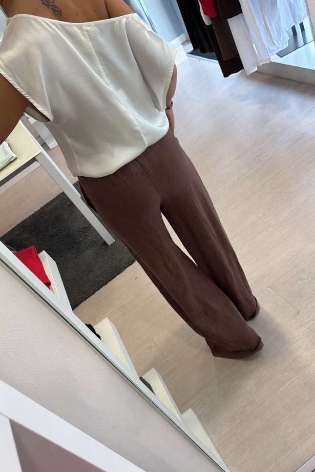 Pantalone dritto in lino cioccolato sl