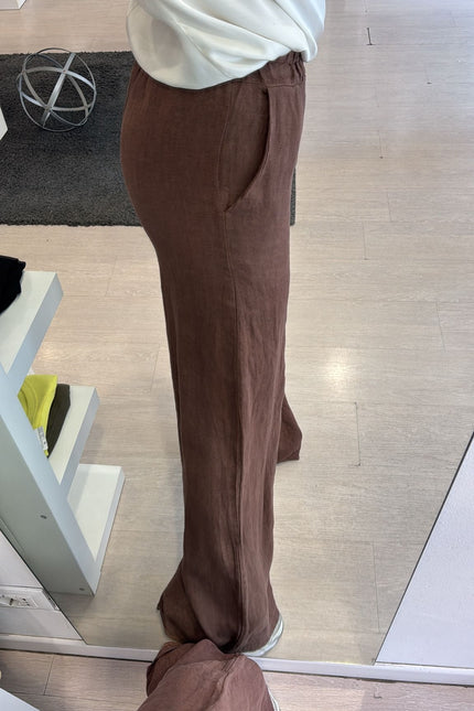 Pantalone dritto in lino cioccolato sl