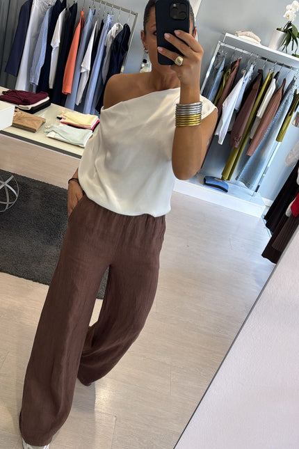 Pantalone dritto in lino cioccolato sl