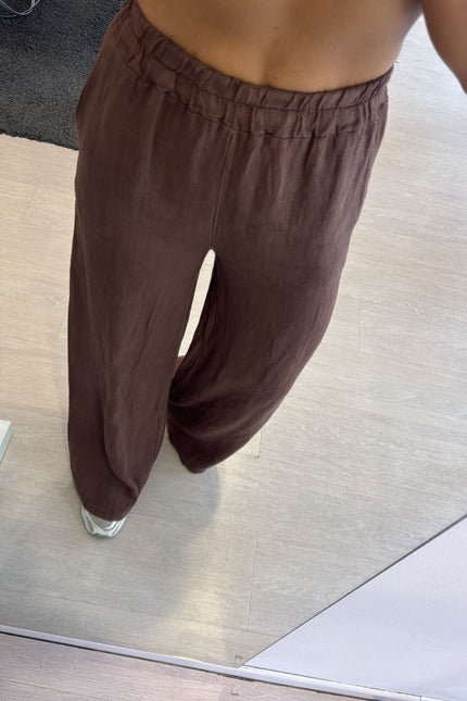 Pantalone dritto in lino cioccolato sl