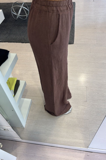 Pantalone dritto in lino cioccolato sl