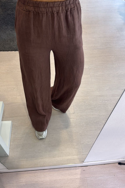 Pantalone dritto in lino cioccolato sl