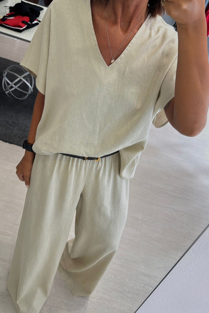 Camicia scollo V lino e viscosa sabbia kk