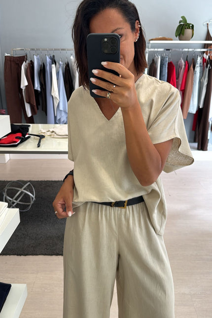 Camicia scollo V lino e viscosa sabbia kk