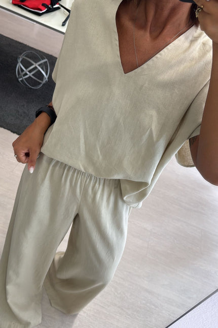 Camicia scollo V lino e viscosa sabbia kk