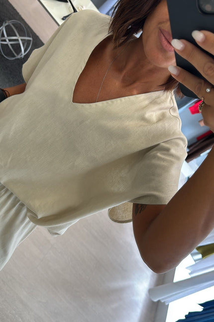Camicia scollo V lino e viscosa sabbia kk