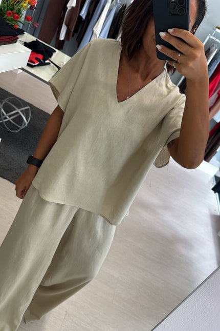 Camicia scollo V lino e viscosa sabbia kk