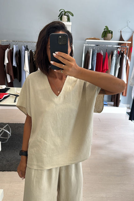 Camicia scollo V lino e viscosa sabbia kk