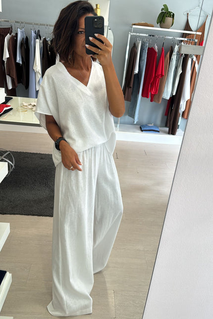 Camicia scollo V lino e viscosa bianco KK