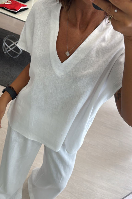 Camicia scollo V lino e viscosa bianco KK