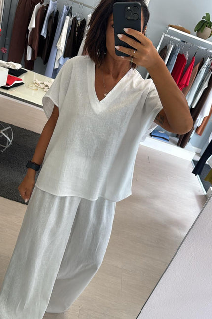 Camicia scollo V lino e viscosa bianco KK