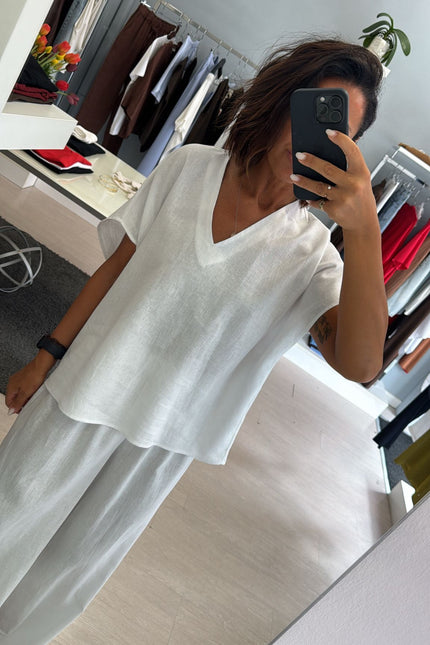 Camicia scollo V lino e viscosa bianco KK