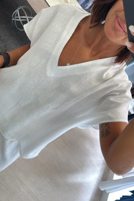 Camicia scollo V lino e viscosa bianco KK