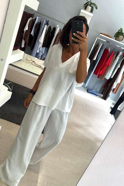 Camicia scollo V lino e viscosa bianco KK