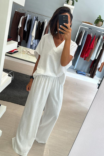 Camicia scollo V lino e viscosa bianco KK
